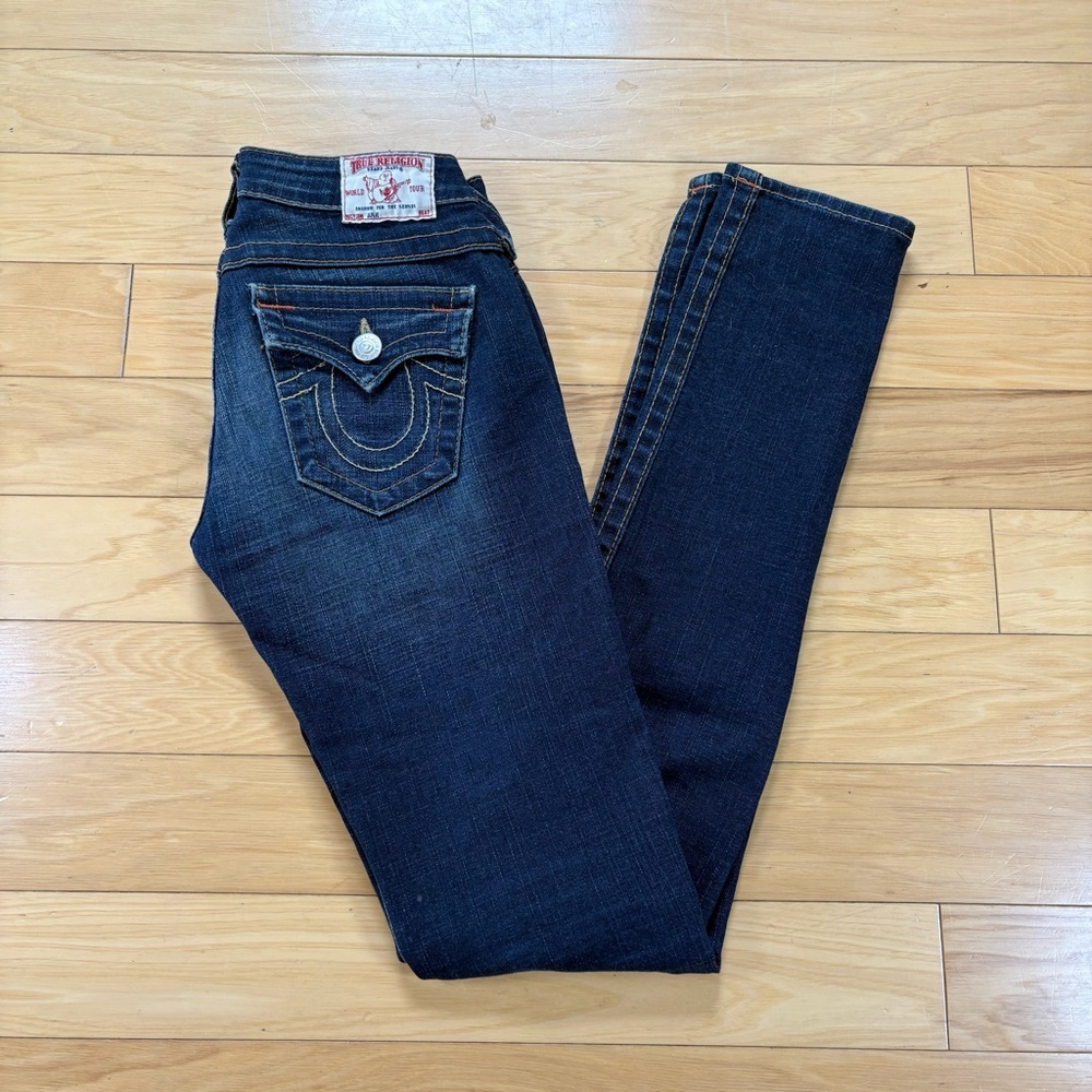 TRUE RELIGION Julie Skinny Jeans Womens Sz 24x36 VTG Dark Wash Low Rise Denim